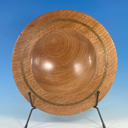 DISPLAY  BOWL TURNED FROM SAPELE, WITH INFLAY OF SHAVED BRASS